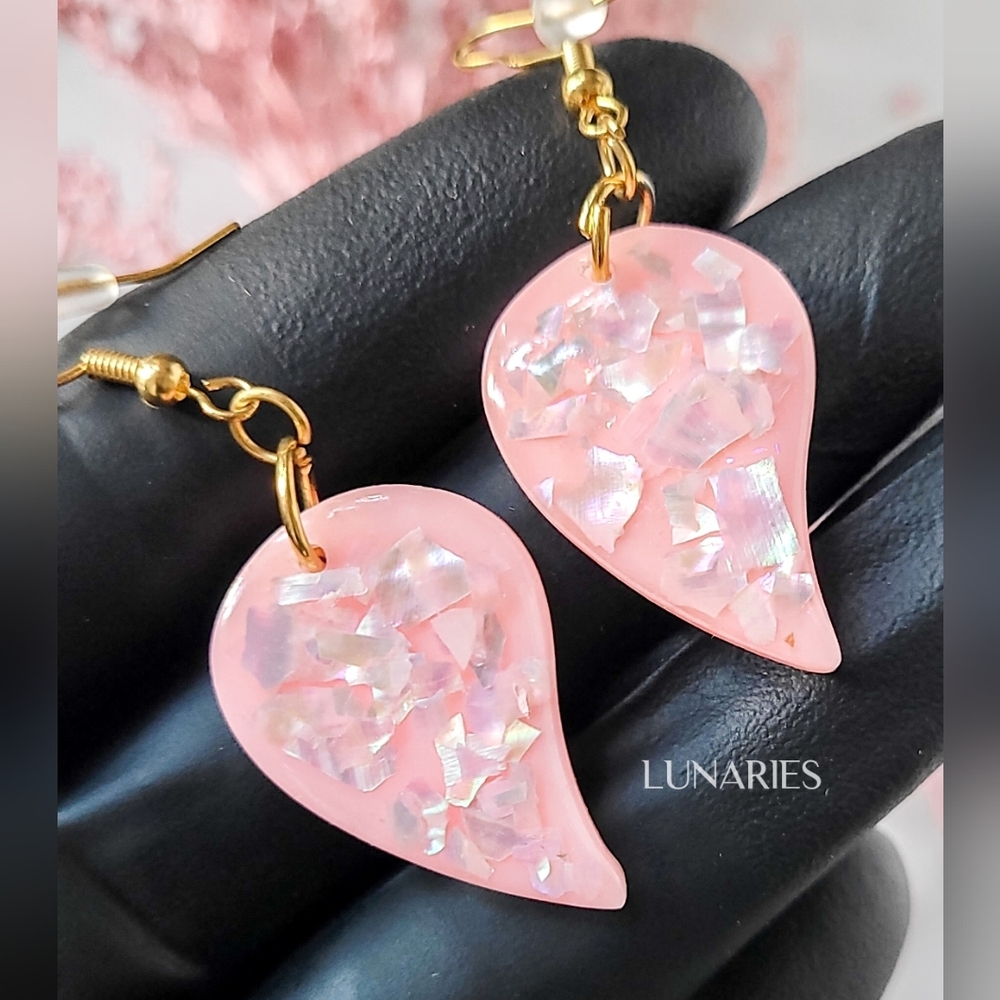 Blush Pink Teardrop Resin Earrings with Abalone Shell, Hypoallergenic, Handmade
